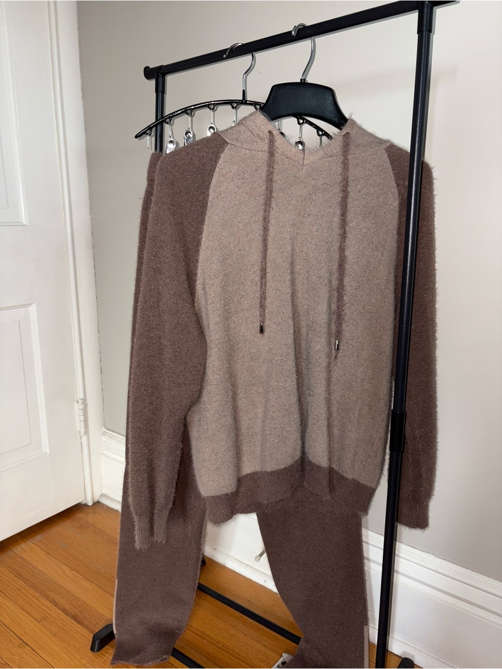 Women's Two-Tone Brown Hooded Knit Pullover + Sweatpants set